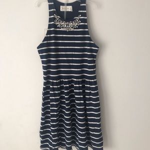 blue and white stripe dress with pearl collar